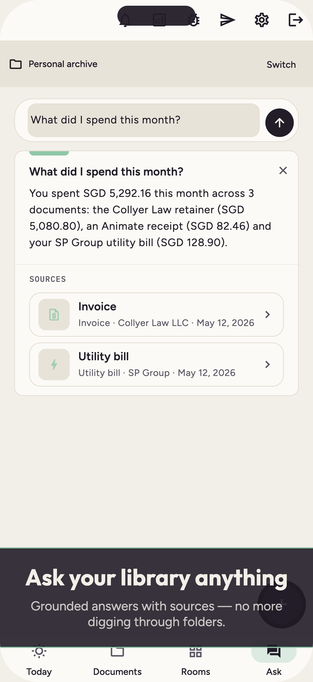 Keppt Ask on iPhone — a plain-language answer about this month's spend, backed by the invoice and utility bill it drew from.