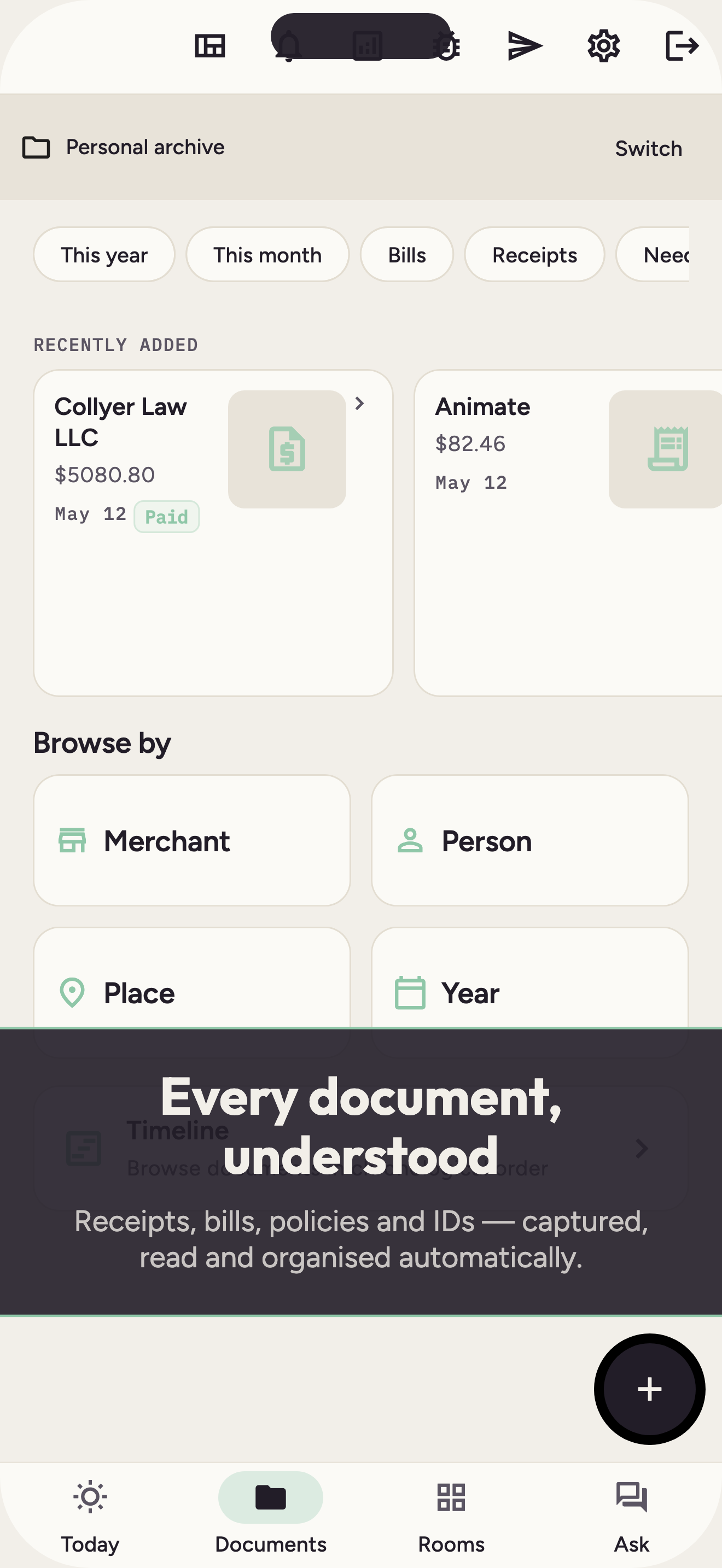 Keppt library on iPhone — recently added documents like an invoice and a receipt, with browse-by Merchant, Person, Place and Year.